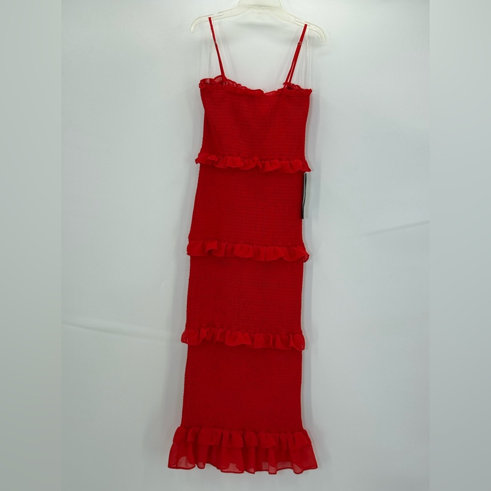 Bebe Stunning Red Smocked Midi Dress with Ruffle Tiers Bodycon Party Dress SZ M - Picture 10 of 13